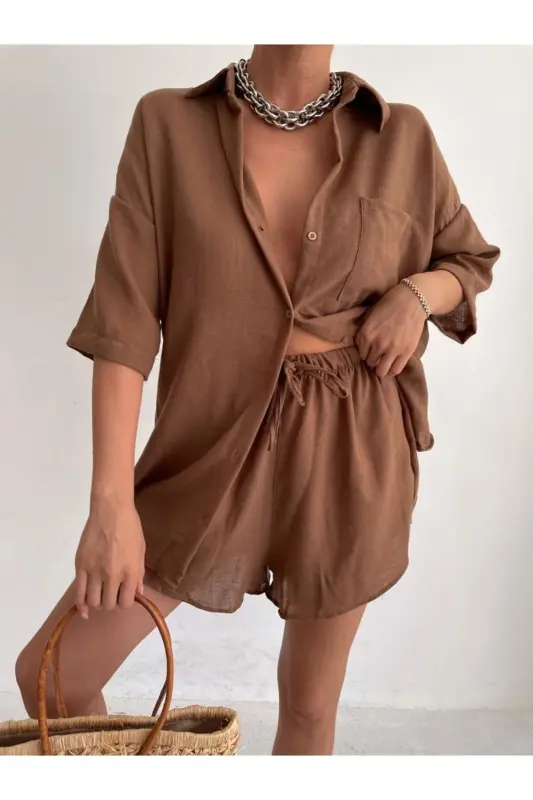 Kadın Kahverengi Keten Kumaş Oversize Gömlek Şort Takımı - Kahverengi - 2