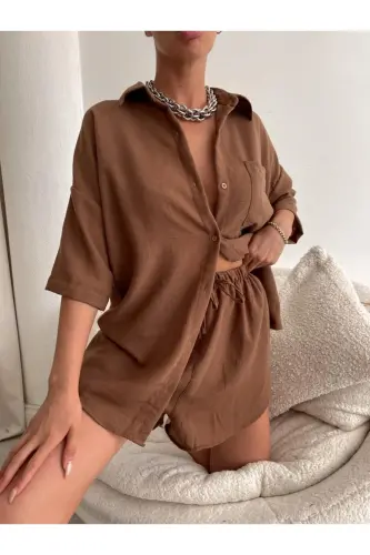 Kadın Kahverengi Keten Kumaş Oversize Gömlek Şort Takımı - Kahverengi - 4