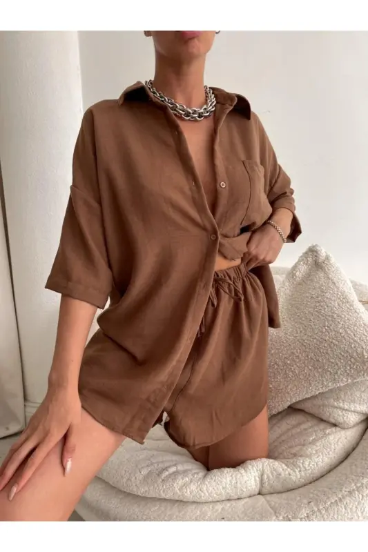 Kadın Kahverengi Keten Kumaş Oversize Gömlek Şort Takımı - Kahverengi - 4