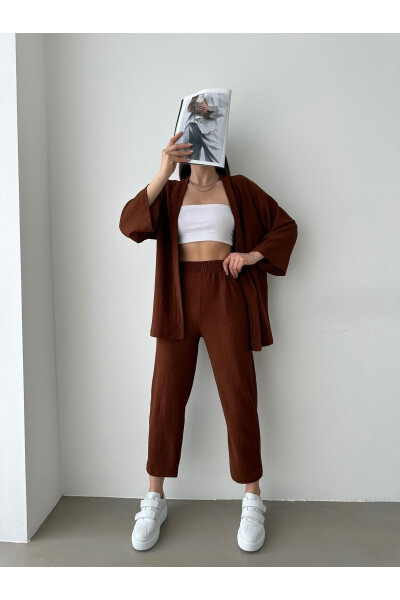 Kadın Kahverengi Kimono Pantolon Örme Takımı-Kahverengi - 4