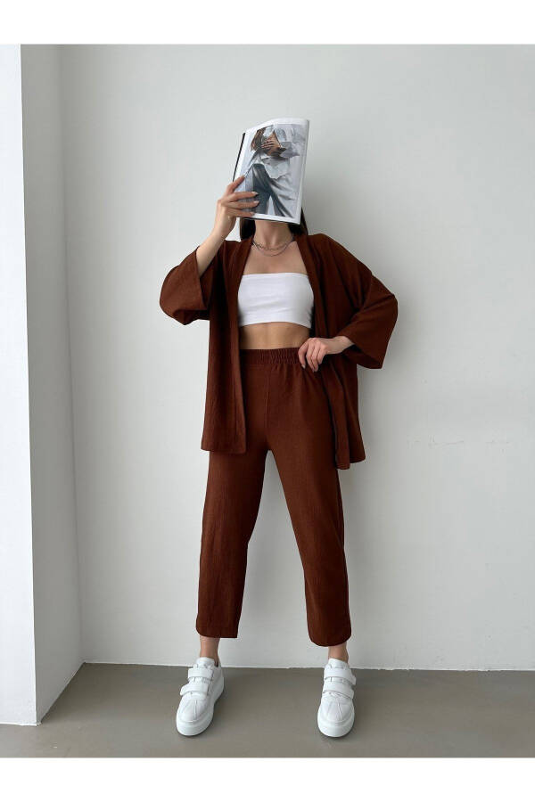 Kadın Kahverengi Kimono Pantolon Örme Takımı-Kahverengi - 4