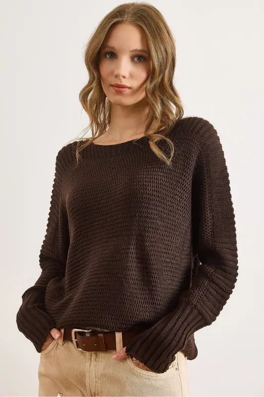 Kadın Kahverengi Kol Detaylı Petek Örgü Kazak KZK-19000399-Kahverengi - 1