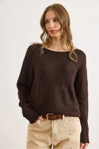 Kadın Kahverengi Kol Detaylı Petek Örgü Kazak KZK-19000399-Kahverengi - 6