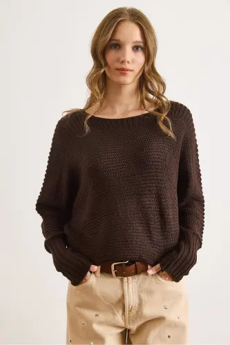 Kadın Kahverengi Kol Detaylı Petek Örgü Kazak KZK-19000399-Kahverengi - OLALOOK (1)