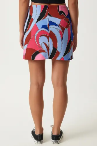 Kadın Kahverengi Mavi Desenli Mini Örme Etek FN03199-Kahverengi Mavi - 5