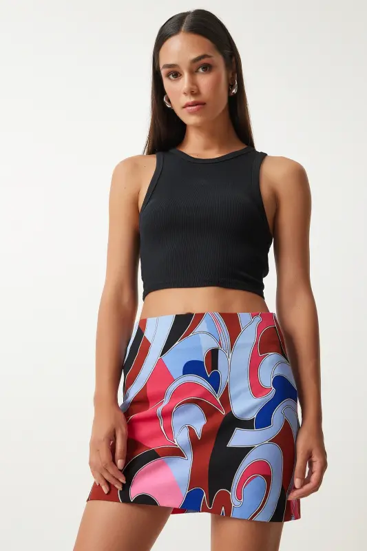 Kadın Kahverengi Mavi Desenli Mini Örme Etek FN03199-Kahverengi Mavi - HAPPINESS İSTANBUL