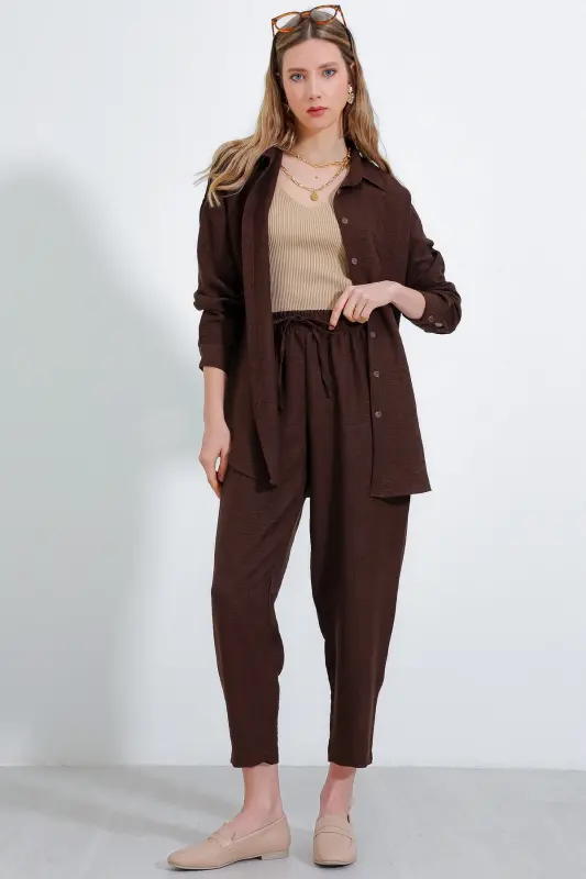 Kadın Kahverengi Oversize Keten Alt Üst Takım 6622 - Kahverengi - 2