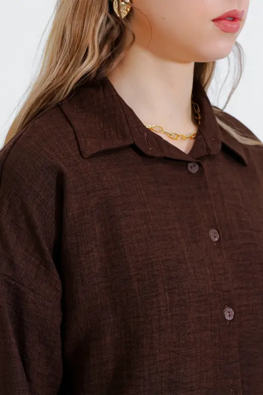 Kadın Kahverengi Oversize Keten Alt Üst Takım 6622 - Kahverengi - 4