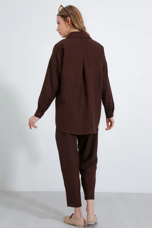 Kadın Kahverengi Oversize Keten Alt Üst Takım 6622 - Kahverengi - 5