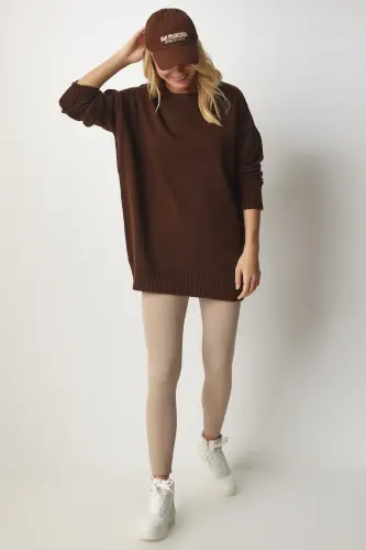 Kadın Kahverengi Oversize Triko Kazak PN00054-Kahverengi - 1