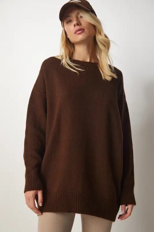 Kadın Kahverengi Oversize Triko Kazak PN00054-Kahverengi - 3
