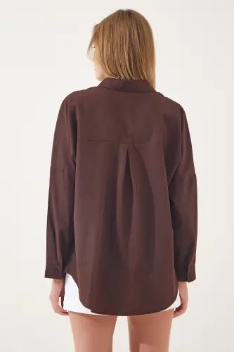 Kadın Kahverengi Oversize Uzun Basic Gömlek DD00842 - Kahverengi - 3