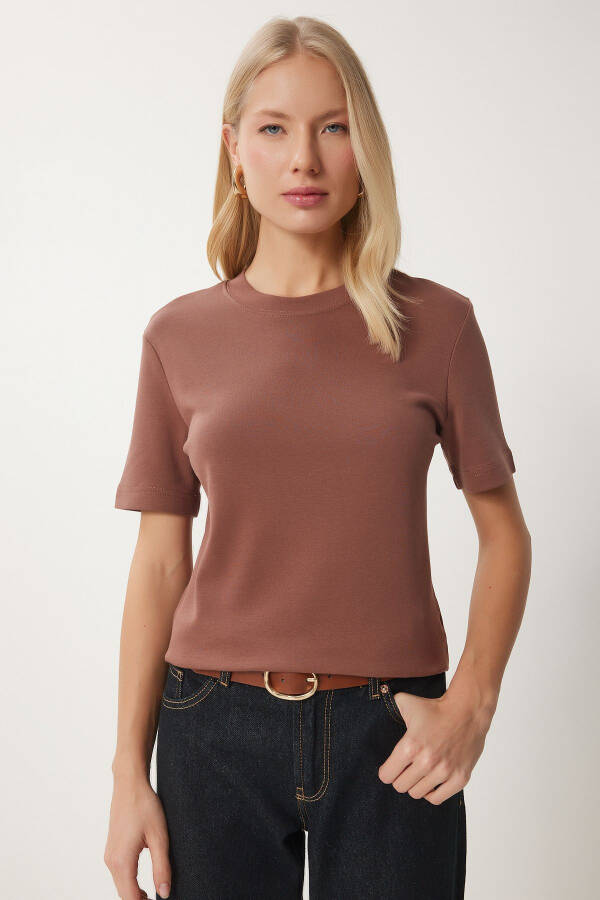 Kadın Kahverengi Pamuklu Basic Örme T-Shirt AG00001-Kahverengi - 2