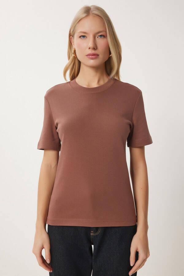 Kadın Kahverengi Pamuklu Basic Örme T-Shirt AG00001-Kahverengi - 4