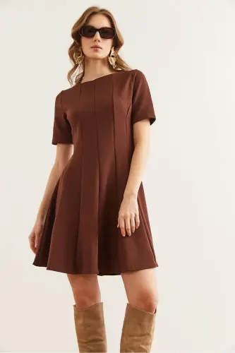 Kadın Kahverengi Parçalı Trend Mini Kloş Elbise ELB-19002344 - Kahverengi - 3