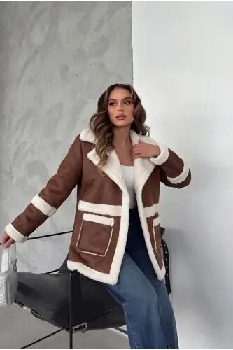 Kadın Kahverengi Peluş Kürk Detaylı Mont - Kahverengi - MACARON (1)