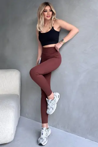 Kadın Kahverengi Toparlayıcı Fitilli Tayt-Kahverengi - 3
