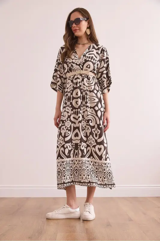 Kadın Kahverengi Yarasa Yırtmaçlı Beli Lastikli Dokuma Viskon Elbise ELB-19002371-Kahverengi - 3