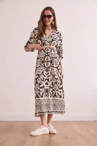 Kadın Kahverengi Yarasa Yırtmaçlı Beli Lastikli Dokuma Viskon Elbise ELB-19002371-Kahverengi - 4