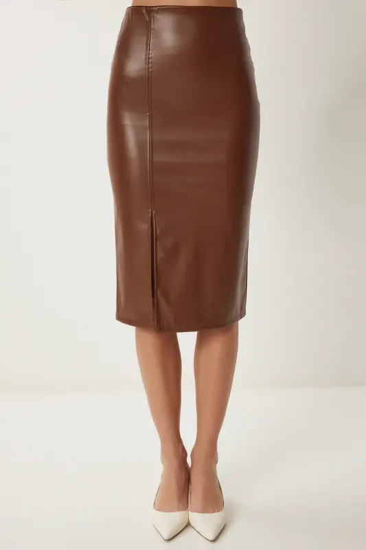 Kadın Kahverengi Yırtmaçlı Suni Deri Kalem Etek GP00015-Kahverengi - 3