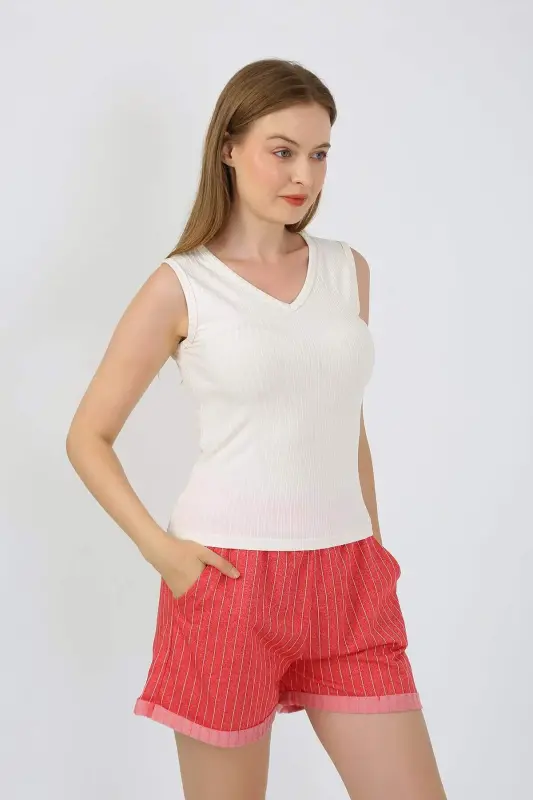 Kadın Kalın Askılı Şortlu Pijama Takım Ekru 3632 - 9