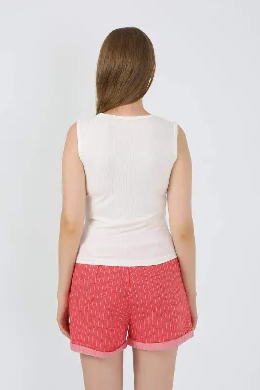 Kadın Kalın Askılı Şortlu Pijama Takım Ekru 3632 - 8