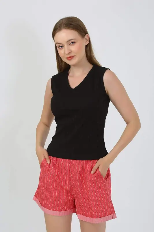 Kadın Kalın Askılı Şortlu Pijama Takım Siyah 3632 - 12