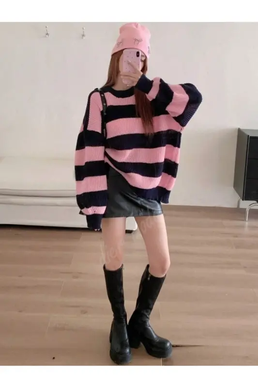 Kadın kalın çizgili tüylenmez oversize triko kazak, Kadın kazak-Lacivert - 3