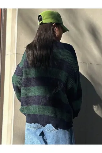 Kadın kalın çizgili tüylenmez oversize triko kazak, Kadın kazak-Lacivert - DIER MODA (1)