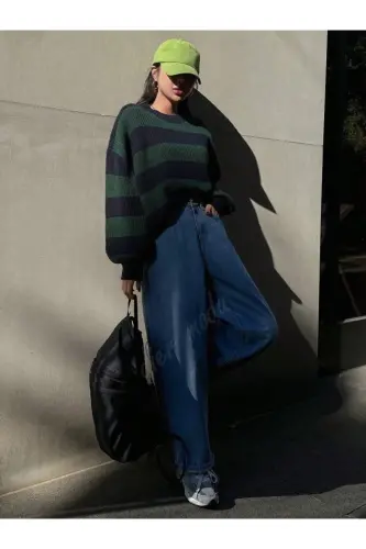 Kadın kalın çizgili tüylenmez oversize triko kazak, Kadın kazak-Lacivert - 6