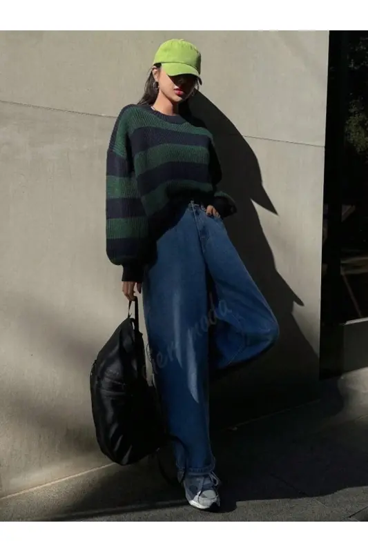 Kadın kalın çizgili tüylenmez oversize triko kazak, Kadın kazak-Lacivert - 6