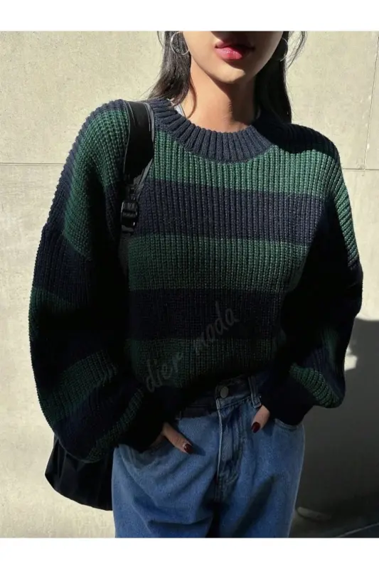 Kadın kalın çizgili tüylenmez oversize triko kazak, Kadın kazak-Lacivert - DIER MODA