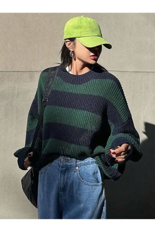 Kadın kalın çizgili tüylenmez oversize triko kazak, Kadın kazak-Lacivert - 3