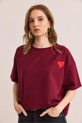 Kadın Kalp Bordo Nakışlı Rahat Kalıp 2 İp Tişört TSH-19000870 - Kalp Bordo - 3