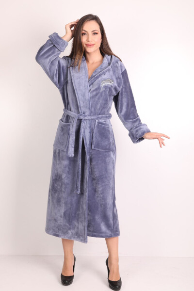 Kadın Kapşonlu Nakışlı %100 Bambu Uzun Sabahlık-füme 