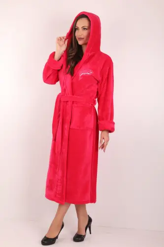 Kadın Kapşonlu Nakışlı %100 Bambu Uzun Sabahlık-fuşya 