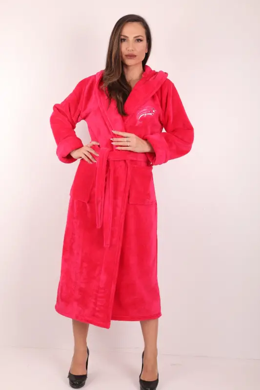 Kadın Kapşonlu Nakışlı %100 Bambu Uzun Sabahlık-fuşya - 2