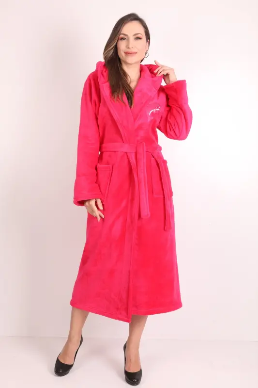 Kadın Kapşonlu Nakışlı %100 Bambu Uzun Sabahlık-fuşya - 3