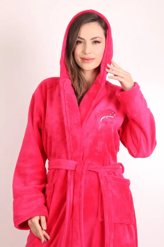 Kadın Kapşonlu Nakışlı %100 Bambu Uzun Sabahlık-fuşya - 4