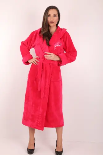 Kadın Kapşonlu Nakışlı %100 Bambu Uzun Sabahlık-fuşya - WILD LOVE (1)
