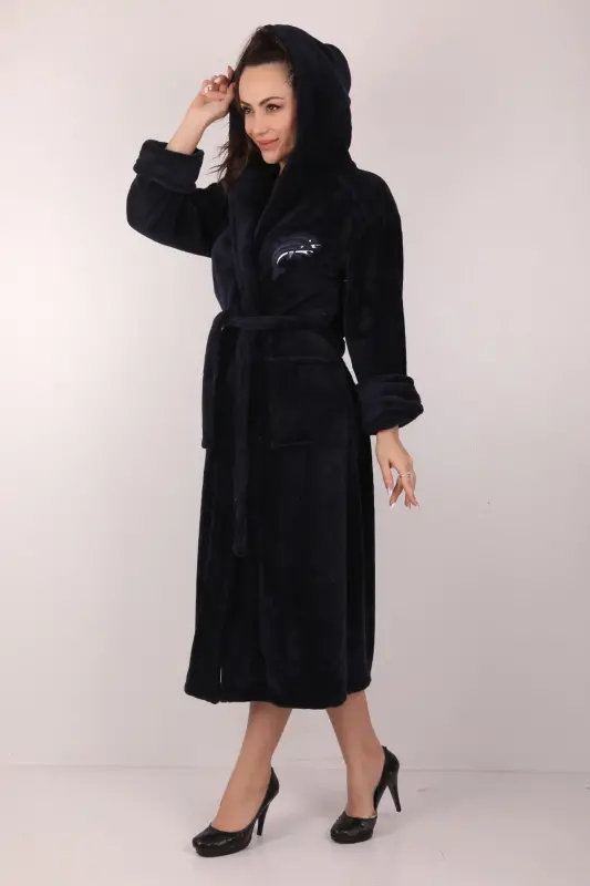 Kadın Kapşonlu Nakışlı %100 Bambu Uzun Sabahlık-lacivert - 2