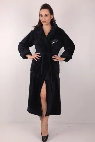 Kadın Kapşonlu Nakışlı %100 Bambu Uzun Sabahlık-lacivert 