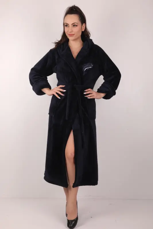 Kadın Kapşonlu Nakışlı %100 Bambu Uzun Sabahlık-lacivert - 1