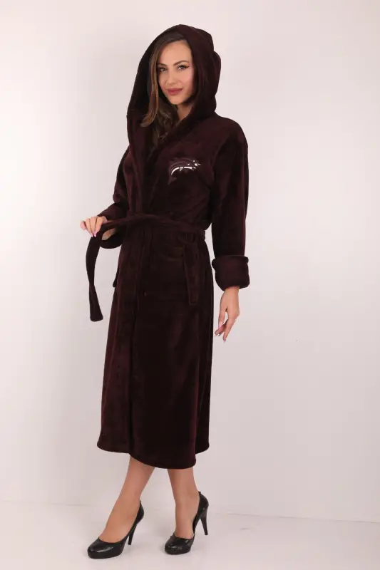 Kadın Kapşonlu Nakışlı %100 Bambu Uzun Sabahlık-mor - 1