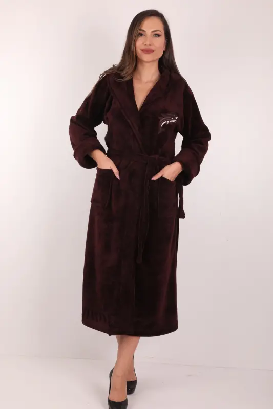 Kadın Kapşonlu Nakışlı %100 Bambu Uzun Sabahlık-mor - 2