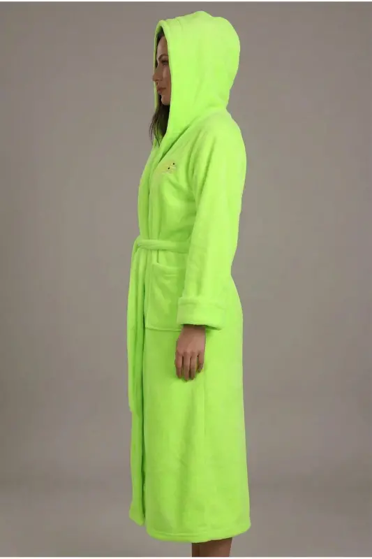 Kadın Kapşonlu Nakışlı Bambu Uzun Sabahlık-Açık Yeşil - 3