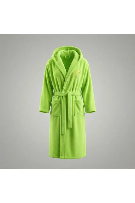 Kadın Kapşonlu Nakışlı Bambu Uzun Sabahlık-Açık Yeşil - 4