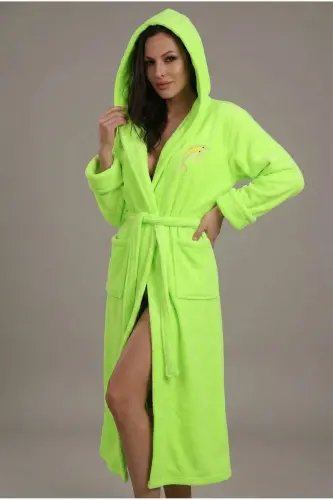 Kadın Kapşonlu Nakışlı Bambu Uzun Sabahlık-Açık Yeşil 