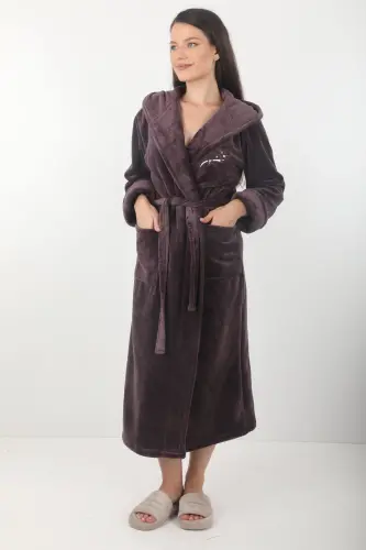 Kadın Kapşonlu Nakışlı Bambu Uzun Sabahlık-Mürdüm - 1