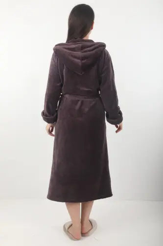 Kadın Kapşonlu Nakışlı Bambu Uzun Sabahlık-Mürdüm - WILD LOVE (1)